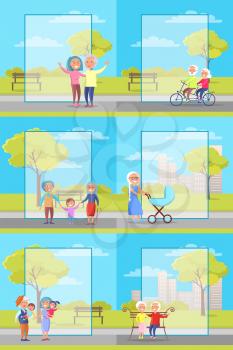 Older people outside collection of vector illustrations. Grandparents and their grandchildren spending time in park. Senior citizens riding bicycle