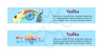 India set of posters with inscription depicting symbols of country. Vector illustration of white elephant, national flag, peacock bird, Taj Mahal and camels