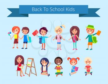 Back to school kids isolated vector illustration with inscription on light blue background. Joyful children during classes or on break