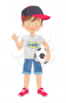 Bright vector illustration of little boy with ball clothed on summer t-shirt with Batman s logo image, jeans shorts, red sneakers and cap.