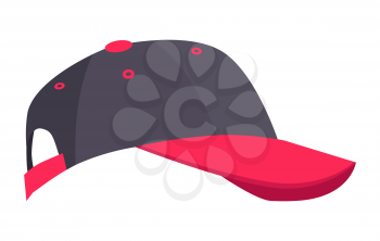 Colorful minimalistic vector image of black-colored headdress with crimson visor and some other inserts. Cap icon isolated on white background.