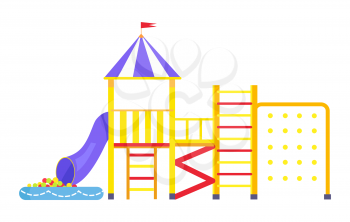 Vector illustration of big enough playground for kids with different ladders, kind of balcony with crown, tube and inflatable pool with little balls.