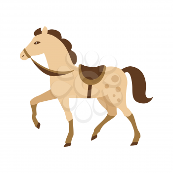 Cartoon horse vector illustration isolated on white background. Beige pony with bushy tail, saddle and horseshoes raises one leg