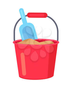 Minimalistic illustration depicting kids set for sandbox namely plastic red-colored bucket full of brown sand and light-blue plastic spade for kids.