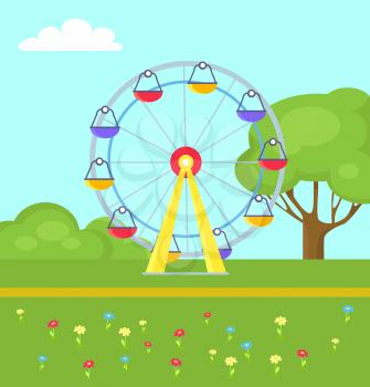 Ferris Wheel with lots of colorful cabs for amusement park or children playground on green lawn with flowers and trees vector illustration