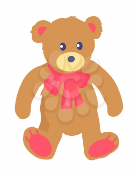 Minimalistic vector template of plush toy for kids namely Teddy bear with little black eyes and nose, with crimson baw and inserts isolated on white.
