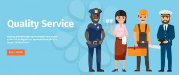 Quality service of black policeman, waitress with tray and two glasses, builder with tool box and bearded mariner vector illustration