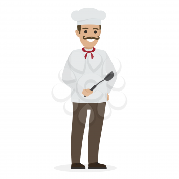 Chef food with twisted mustache in white tunic and toque holds black soup ladle close-up isolated on white vector illustration.