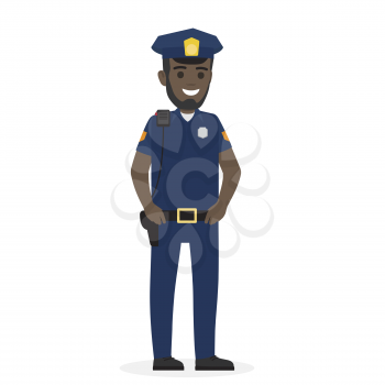 Happy black police officer with dark radio set on shoulder stands and keeps his hands on black belt vector illustration.
