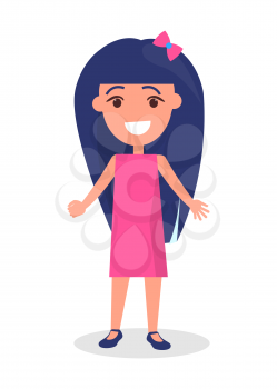 Smiling brunette girl with long hair in pink dress, kindergarten cartoon kid vector illustration isolated on white background