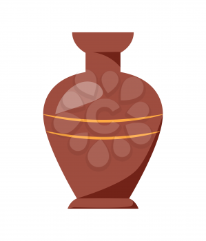 Closeup of antique handmade clay vase with wide body and narrow neck isolated cartoon style vector illustration on white background