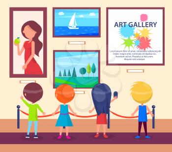 Children visiting art gallery and looking at pictures. Vector colorful illustration in graphic design of small people developing mentally