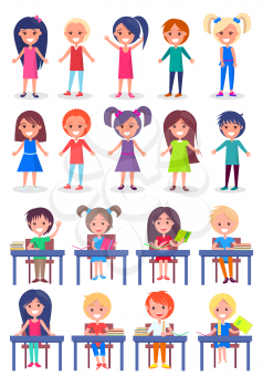 Set of schoolchildren sitting at desks and standing isolated on white background. Smiling boys and girls ready to answer on questions vector illustrations