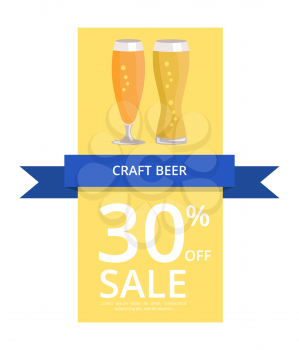 Craft beer 30 off sale, depicting two pint of alcoholic drinks, blue ribbon and sample text vector illustration isolated on white background.