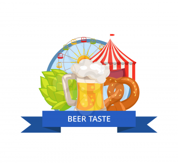 Beer taste, poster concerning oktoberfest in Germany, including icons of mug and green hop, bakery and attraction, circus tent vector illustration