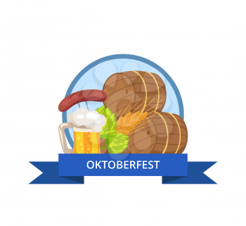 Oktoberfest logo design with wooden casks, beer mug, fried sausage, green hop and wheat ear vector illustration isolated in circle with blue ribbon