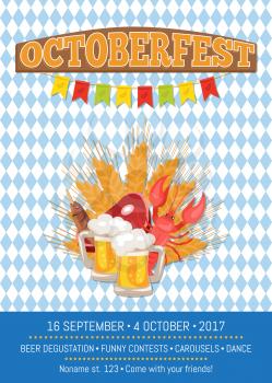 Octoberfest or Oktoberfest promo poster with checkered backdrop. Set of two pints of beer, snacks as piece of ham, dry fish, crayfish and wheat vector