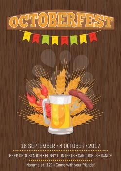 Octoberfest poster with wooden background. Vector illustration of full beer, cooked lobster and fried sausage on carving knife decorated by flags