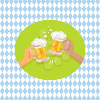 Friends holding two glasses of beer that is shown on vector illustration situated in centerpeice of picture on on checkered background