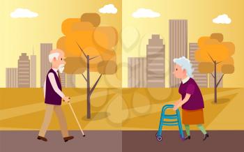 National grandparents day poster depicting elderly man with walking stick and senior woman on walkers in city park vector illustration in flat style