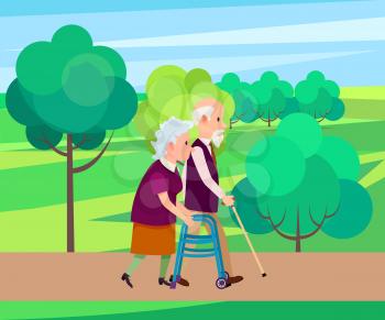 Grandpa with walking stick and senior woman on walkers in city park vector illustration. Old couple spend time together, national grandparents day poster