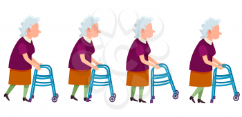 Set of grandmother characters moving on walkers vector colorful illustrations isolated on white. Aged woman impairment invalid, retired person