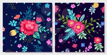 Ornamental floral background with colorful flowers with leaves isolated on blue background. Realistic vector wallpaper design with blooming plants