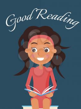 Good reading poster with brunette young girl with open textbook vector illustration in concept of International Literacy Day isolated on blue