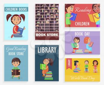 World book day in children library of bookstore vector illustration. Bookcase with shelves and literature, reading kids.
