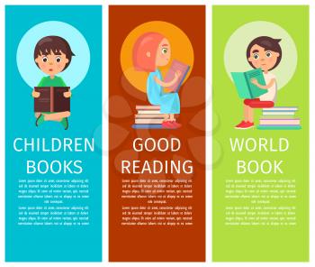 Children books, good reading and world book articles with vector illustrations of little children who read with interest.