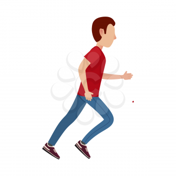 Adult cartoon male character in red T-shirt, sports trousers and sneakers runs away isolated vector illustration on white background.