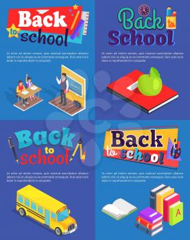 Back to school set of posters with inscriptions. Isolated vector illustration of diligent students, male teacher, bus and various supplies on blue