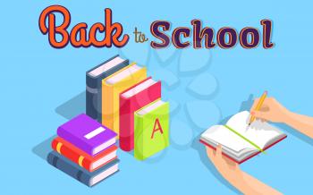 Back to school isolated vector illustration with stack of coursebooks. Cartoon style notebook held in left hand with pencil in right one