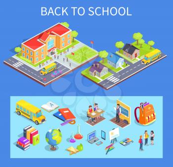 Back to school collection of isolated vector illustrations. Cartoon style residential area, educational institution and various objects below