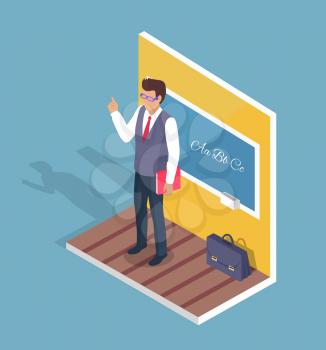 Teacher standing near blackboard on grammar lesson side view 3D vector illustration isolated on blue. Leather briefcase stands on floor