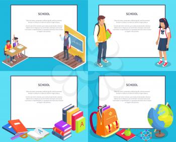 School 3d isolated vector illustrations set. Cartoon style teenage students, male teacher, stack of books, stationery items and other objects