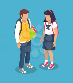 Schoolchildren from secondary school with backpacks, holding books in hands vector illustration isolated. Pupils cartoon characters with rucksack