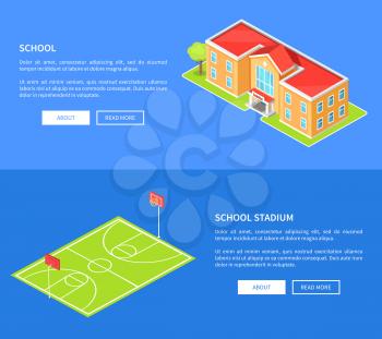 School stadium and educational establishment three dimensional vector illustration with basketball field and building isolated on blue web posters