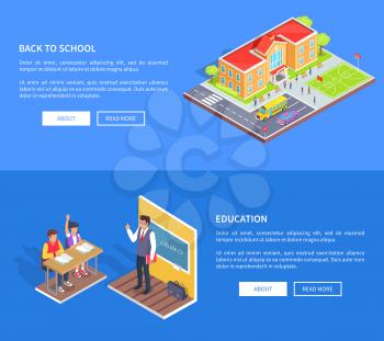 Back to school education posters with isometric vector of educational institution area and classroom with male teacher and attentive students