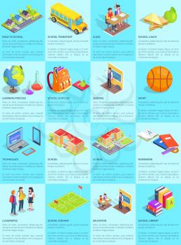 Collection of school-themed posters. Isolated vector illustration of educational institutions, teenage students and things they use on daily basis