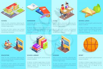 Set of posters with inscriptions dedicated to studying at school. Isolated vector illustration of students, educational process, things and objects