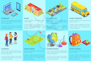 Set of posters with text devoted to school. Vector illustration of various technologies, buildings, teenage students, big stadium and other objects