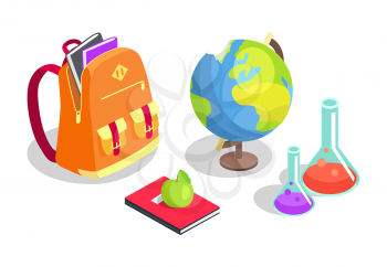 School backpack full of books, chemical flasks, geographical globe, textbook with apple snack on it set of vector illustrations isolated on white