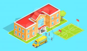 School two-storey educational institution with green tree and public bus nearby, playground sport field vector illustration isolated on blue background