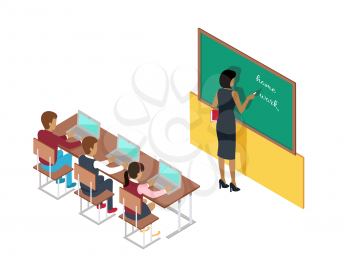 Female teacher in black dress stands and writes home work on green blackboard, pupils sit at desks with modern light open laptops. Vector illustration of studying and teaching at school on white