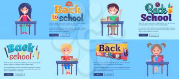 Back to school collection of posters with pupils isolated on light blue background. Vector illustration of cheerful students during class
