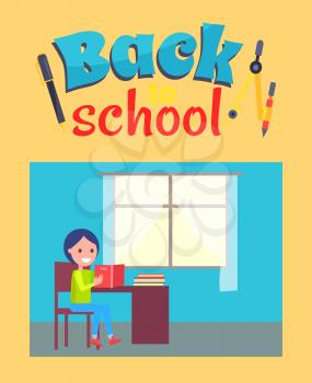 Back to school poster with schoolboy sitting with open book near window at daytime, pupil study literature at school, vector illustration of boy with book