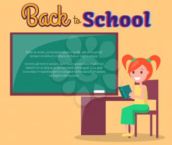 Back to school poster with redhead girl profile view sitting at desk with open book reading novel near blackboard vector illustration