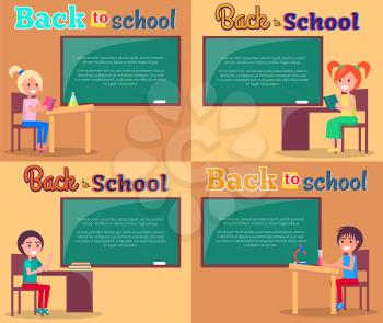 Back to school posters set with smiling boys and girls sitting at desks on background of green blackboards with place for text vector illustrations