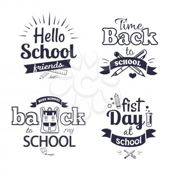 Hello first day back to school related set of black-and-white stickers with inscriptions. Isolated vector illustration of stationery items and educational supplies
